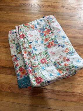 Handmade Floral Patchwork Cotton Quilt - Pink, Orange & Blue Flowers 86x68